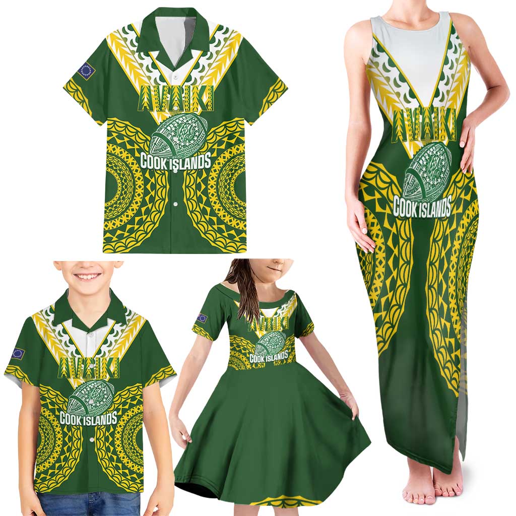 Custom Avaiki Cook Islands Rugby Family Matching Tank Maxi Dress and Hawaiian Shirt Kuki Airani Tatau Green LT14 - Polynesian Pride