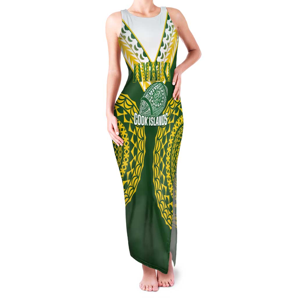 Custom Avaiki Cook Islands Rugby Family Matching Tank Maxi Dress and Hawaiian Shirt Kuki Airani Tatau Green LT14 Mom's Dress Green - Polynesian Pride