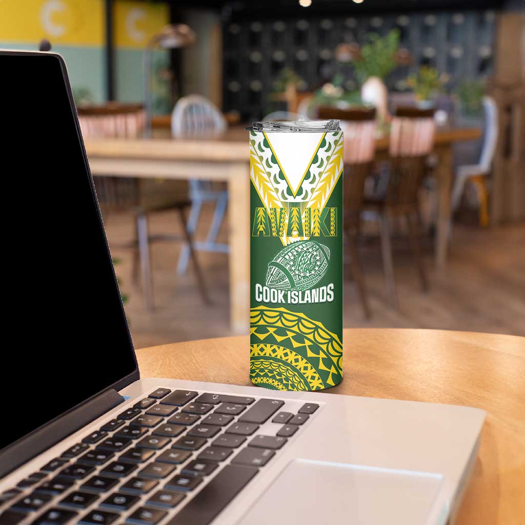 Custom Avaiki Cook Islands Rugby Skinny Tumbler Kuki Airani Tatau Green LT14 - Polynesian Pride