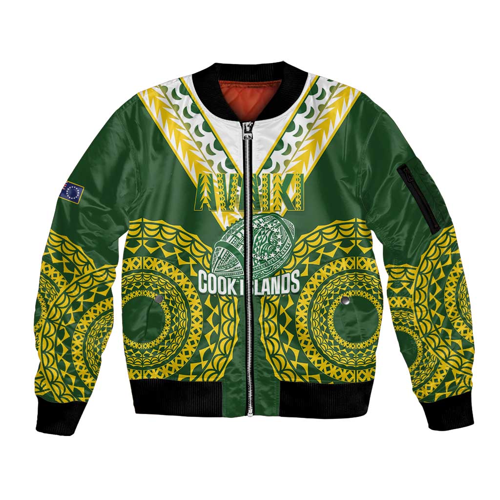 Custom Avaiki Cook Islands Rugby Sleeve Zip Bomber Jacket Kuki Airani Tatau Green LT14 Unisex Green - Polynesian Pride