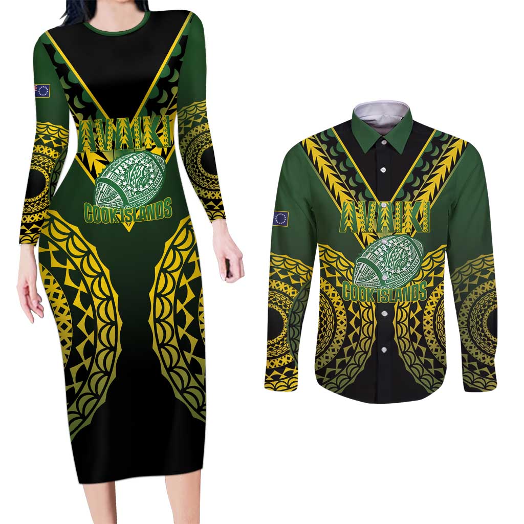 Custom Avaiki Cook Islands Rugby Couples Matching Long Sleeve Bodycon Dress and Long Sleeve Button Shirt Kuki Airani Tatau Black LT14 Black - Polynesian Pride