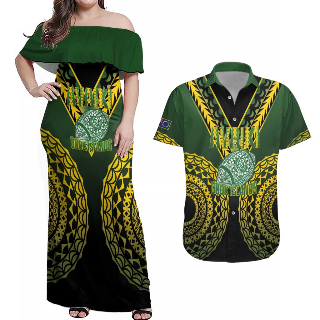 Custom Avaiki Cook Islands Rugby Couples Matching Off Shoulder Maxi Dress and Hawaiian Shirt Kuki Airani Tatau Black LT14 Black - Polynesian Pride