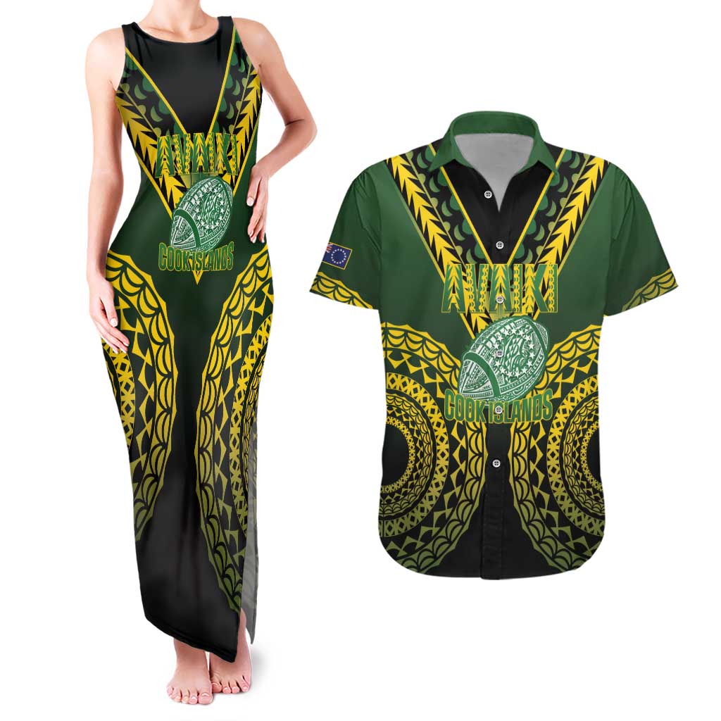Custom Avaiki Cook Islands Rugby Couples Matching Tank Maxi Dress and Hawaiian Shirt Kuki Airani Tatau Black LT14 Black - Polynesian Pride