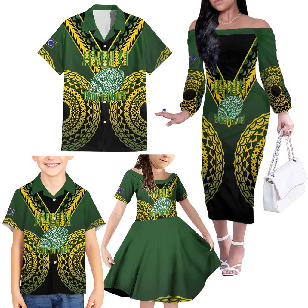 Custom Avaiki Cook Islands Rugby Family Matching Off The Shoulder Long Sleeve Dress and Hawaiian Shirt Kuki Airani Tatau Black - Polynesian Pride