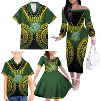 Custom Avaiki Cook Islands Rugby Family Matching Off The Shoulder Long Sleeve Dress and Hawaiian Shirt Kuki Airani Tatau Black LT14 - Polynesian Pride