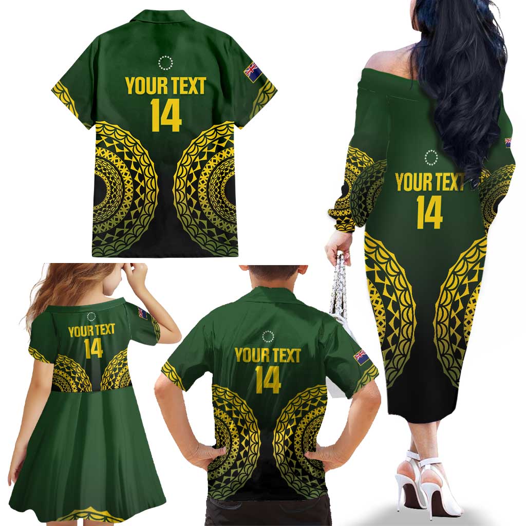 Custom Avaiki Cook Islands Rugby Family Matching Off The Shoulder Long Sleeve Dress and Hawaiian Shirt Kuki Airani Tatau Black LT14 - Polynesian Pride