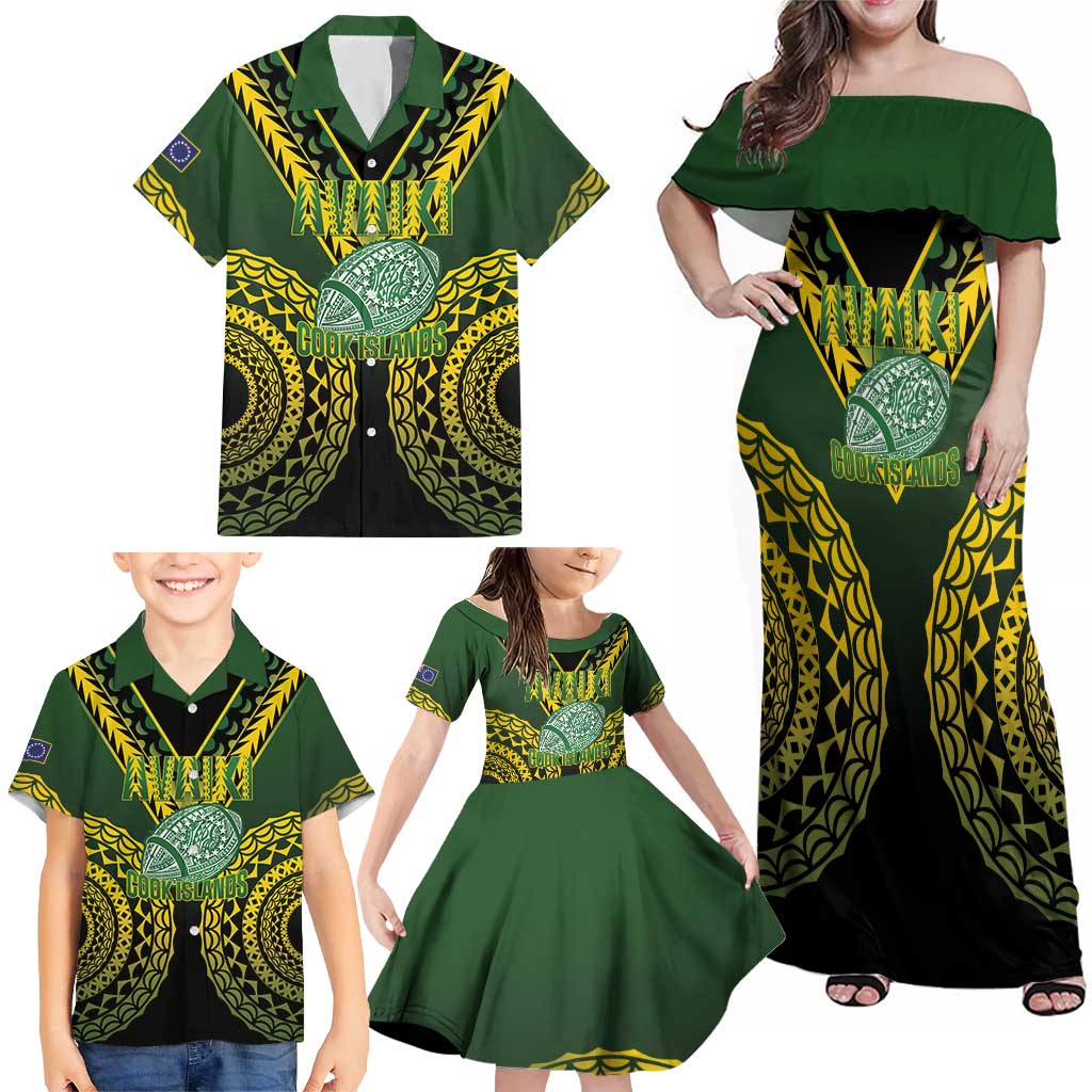 Custom Avaiki Cook Islands Rugby Family Matching Off Shoulder Maxi Dress and Hawaiian Shirt Kuki Airani Tatau Black - Polynesian Pride