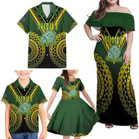 Custom Avaiki Cook Islands Rugby Family Matching Off Shoulder Maxi Dress and Hawaiian Shirt Kuki Airani Tatau Black LT14 - Polynesian Pride