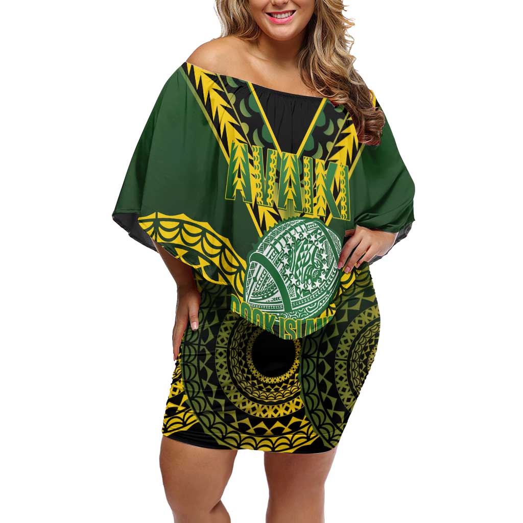 Custom Avaiki Cook Islands Rugby Family Matching Off Shoulder Short Dress and Hawaiian Shirt Kuki Airani Tatau Black LT14 Mom's Dress Black - Polynesian Pride
