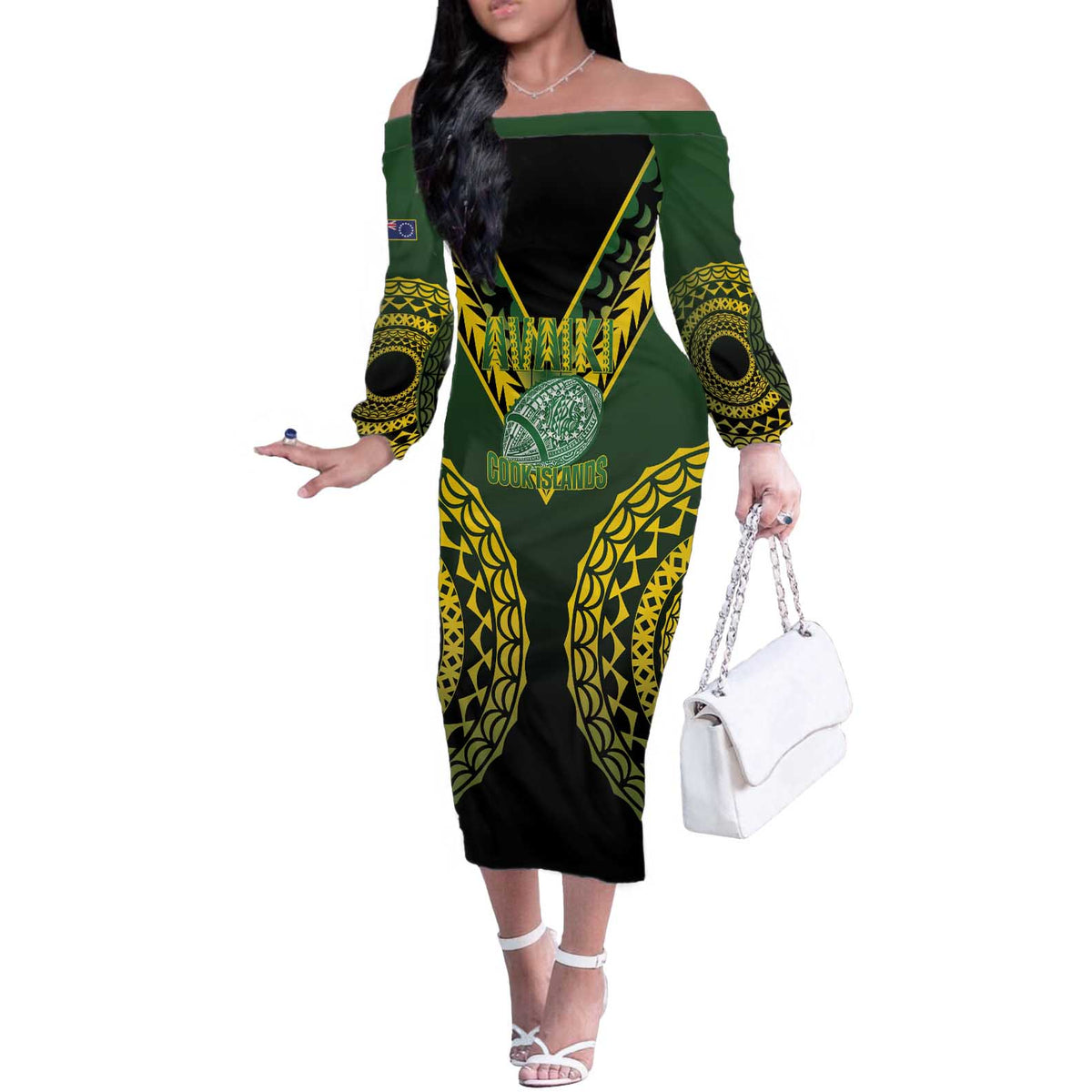 Custom Avaiki Cook Islands Rugby Off The Shoulder Long Sleeve Dress Kuki Airani Tatau Black LT14 Women Black - Polynesian Pride