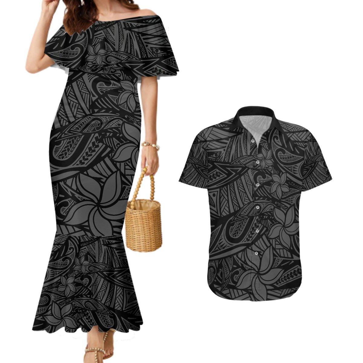 Polynesia Couples Matching Mermaid Dress and Hawaiian Shirt Polynesian Pattern Mix Plumeria Black LT14 Black - Polynesian Pride