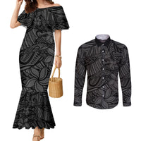Polynesia Couples Matching Mermaid Dress and Long Sleeve Button Shirt Polynesian Pattern Mix Plumeria Black LT14 Black - Polynesian Pride