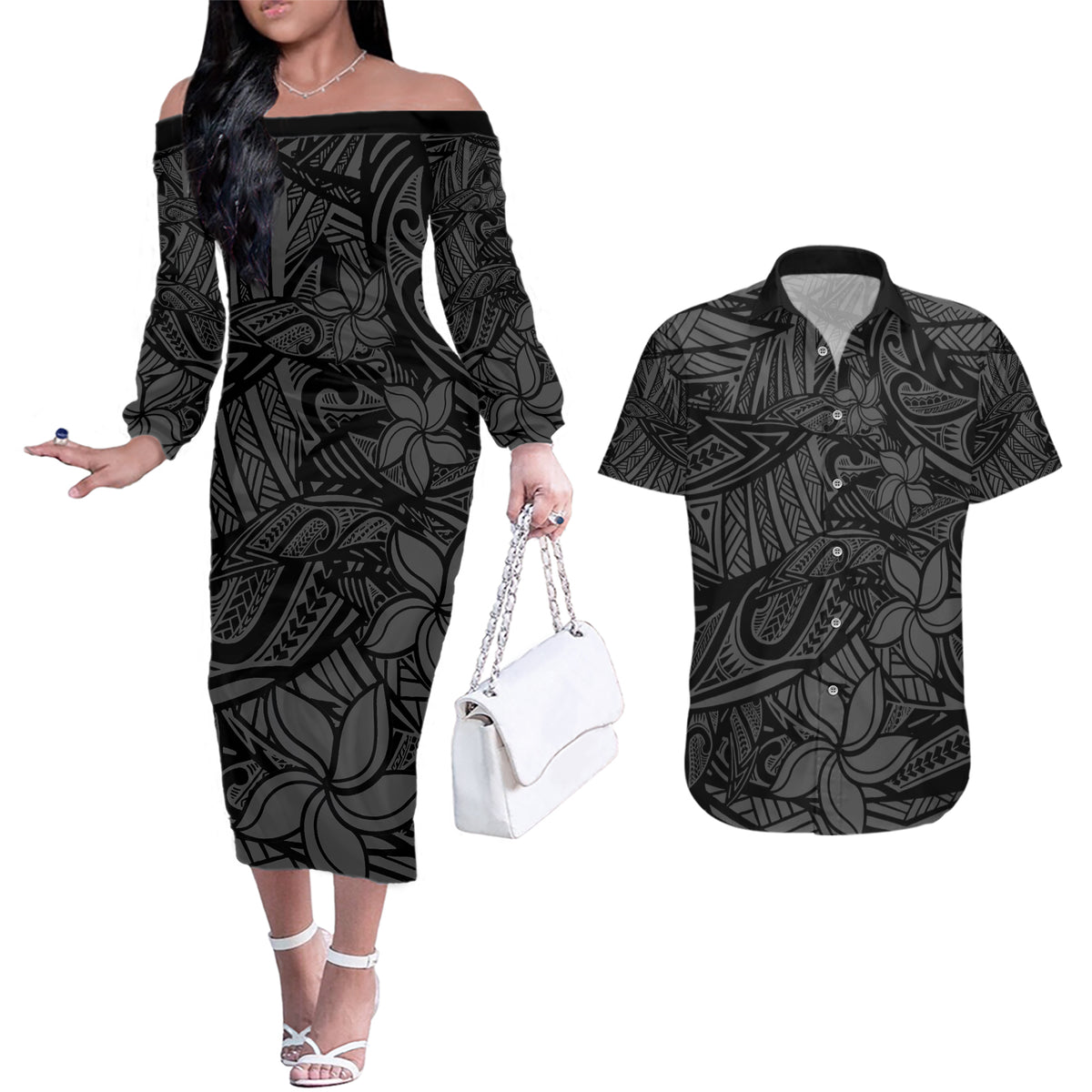 Polynesia Couples Matching Off The Shoulder Long Sleeve Dress and Hawaiian Shirt Polynesian Pattern Mix Plumeria Black LT14 Black - Polynesian Pride