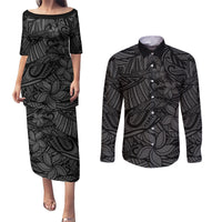 Polynesia Couples Matching Puletasi and Long Sleeve Button Shirt Polynesian Pattern Mix Plumeria Black LT14 Black - Polynesian Pride