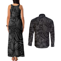 Polynesia Couples Matching Tank Maxi Dress and Long Sleeve Button Shirt Polynesian Pattern Mix Plumeria Black LT14 - Polynesian Pride