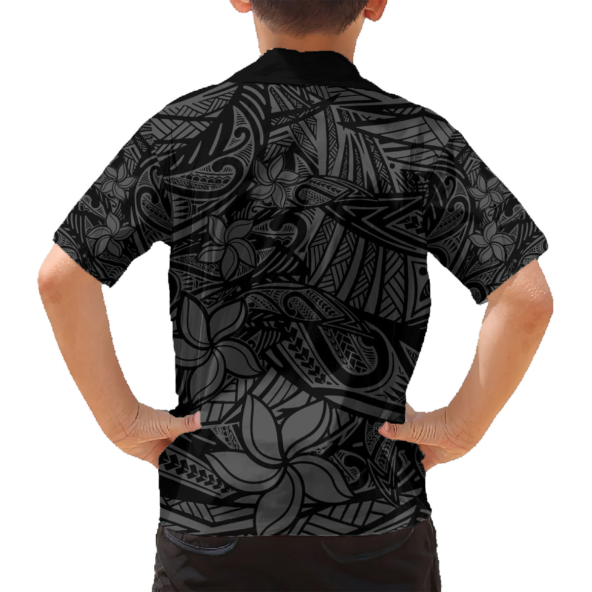 Polynesia Kid Hawaiian Shirt Polynesian Pattern Mix Plumeria Black LT14 - Polynesian Pride