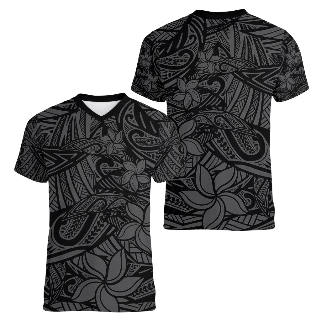 Polynesia Women V Neck T Shirt Polynesian Pattern Mix Plumeria Black LT14 - Polynesian Pride