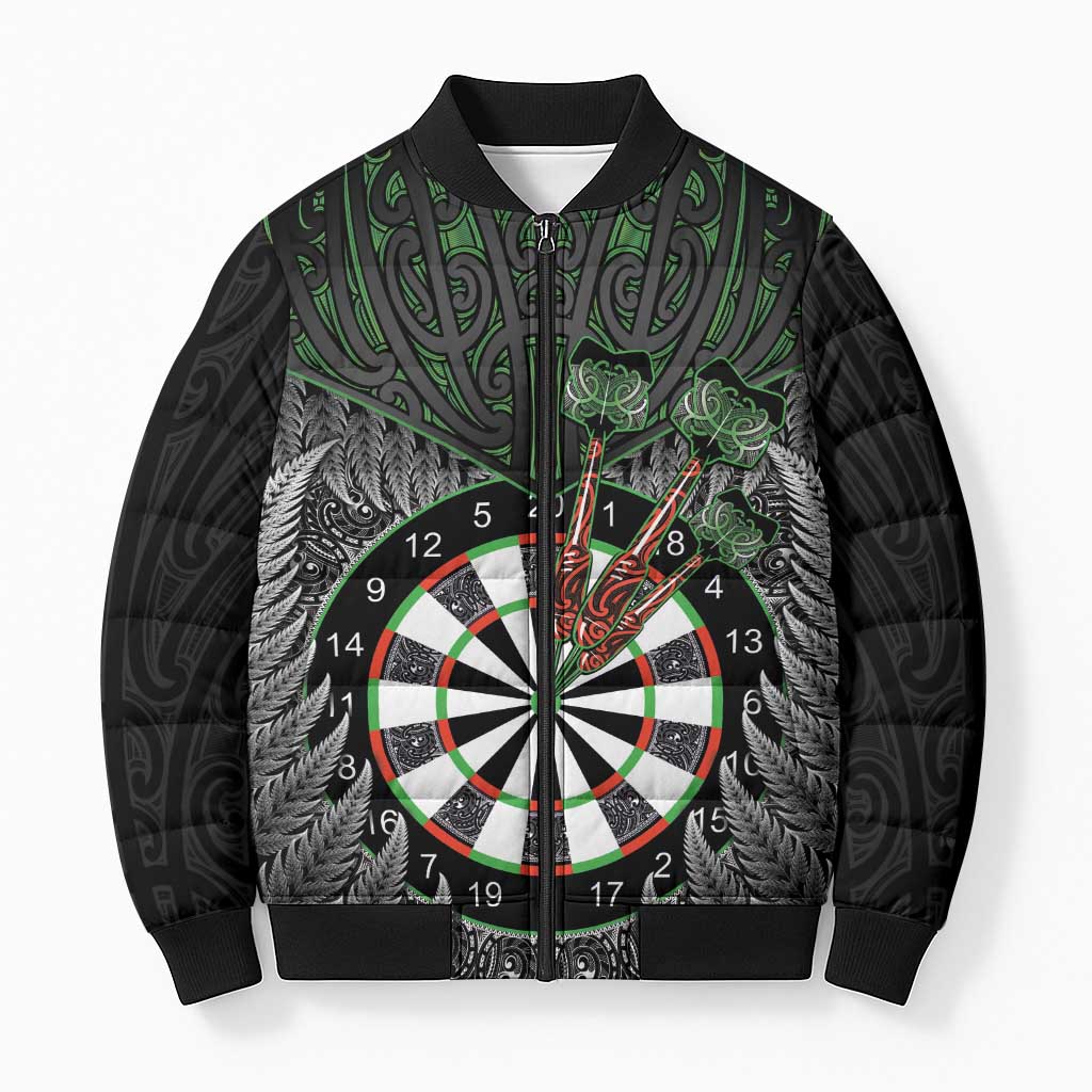Personalised New Zealand Darts Bomber Puffer Jacket Dartboard Maori Fern Puhoro Art - Polynesian Pride