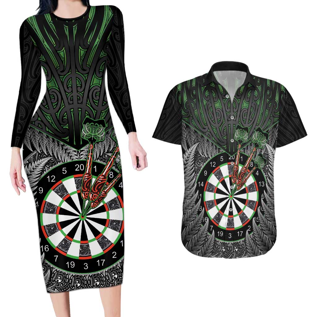 Personalised New Zealand Darts Couples Matching Long Sleeve Bodycon Dress and Hawaiian Shirt Dartboard Maori Fern Puhoro Art LT14 Black - Polynesian Pride