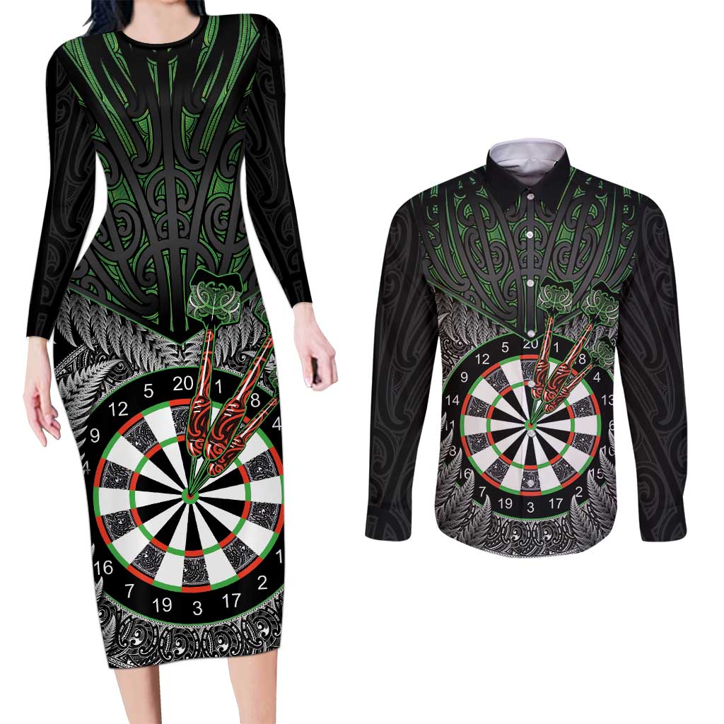 Personalised New Zealand Darts Couples Matching Long Sleeve Bodycon Dress and Long Sleeve Button Shirt Dartboard Maori Fern Puhoro Art LT14 Black - Polynesian Pride