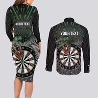 Personalised New Zealand Darts Couples Matching Long Sleeve Bodycon Dress and Long Sleeve Button Shirt Dartboard Maori Fern Puhoro Art LT14 - Polynesian Pride