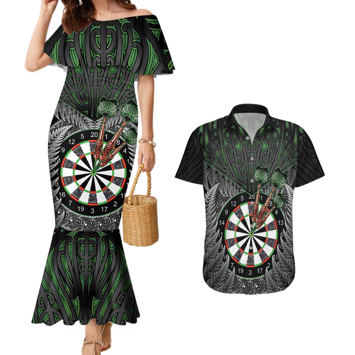Personalised New Zealand Darts Couples Matching Mermaid Dress and Hawaiian Shirt Dartboard Maori Fern Puhoro Art LT14 Black - Polynesian Pride