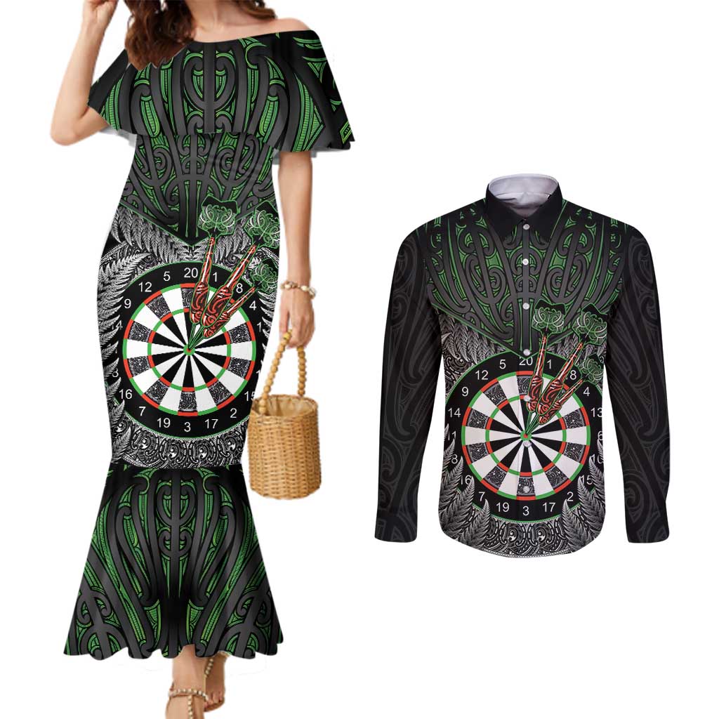 Personalised New Zealand Darts Couples Matching Mermaid Dress and Long Sleeve Button Shirt Dartboard Maori Fern Puhoro Art LT14 Black - Polynesian Pride