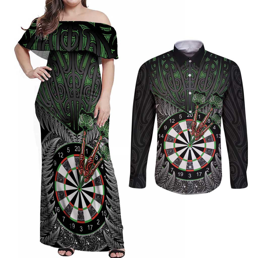 Personalised New Zealand Darts Couples Matching Off Shoulder Maxi Dress and Long Sleeve Button Shirt Dartboard Maori Fern Puhoro Art LT14 Black - Polynesian Pride