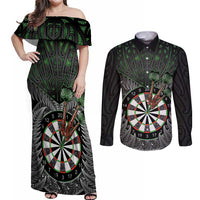 Personalised New Zealand Darts Couples Matching Off Shoulder Maxi Dress and Long Sleeve Button Shirt Dartboard Maori Fern Puhoro Art LT14 Black - Polynesian Pride