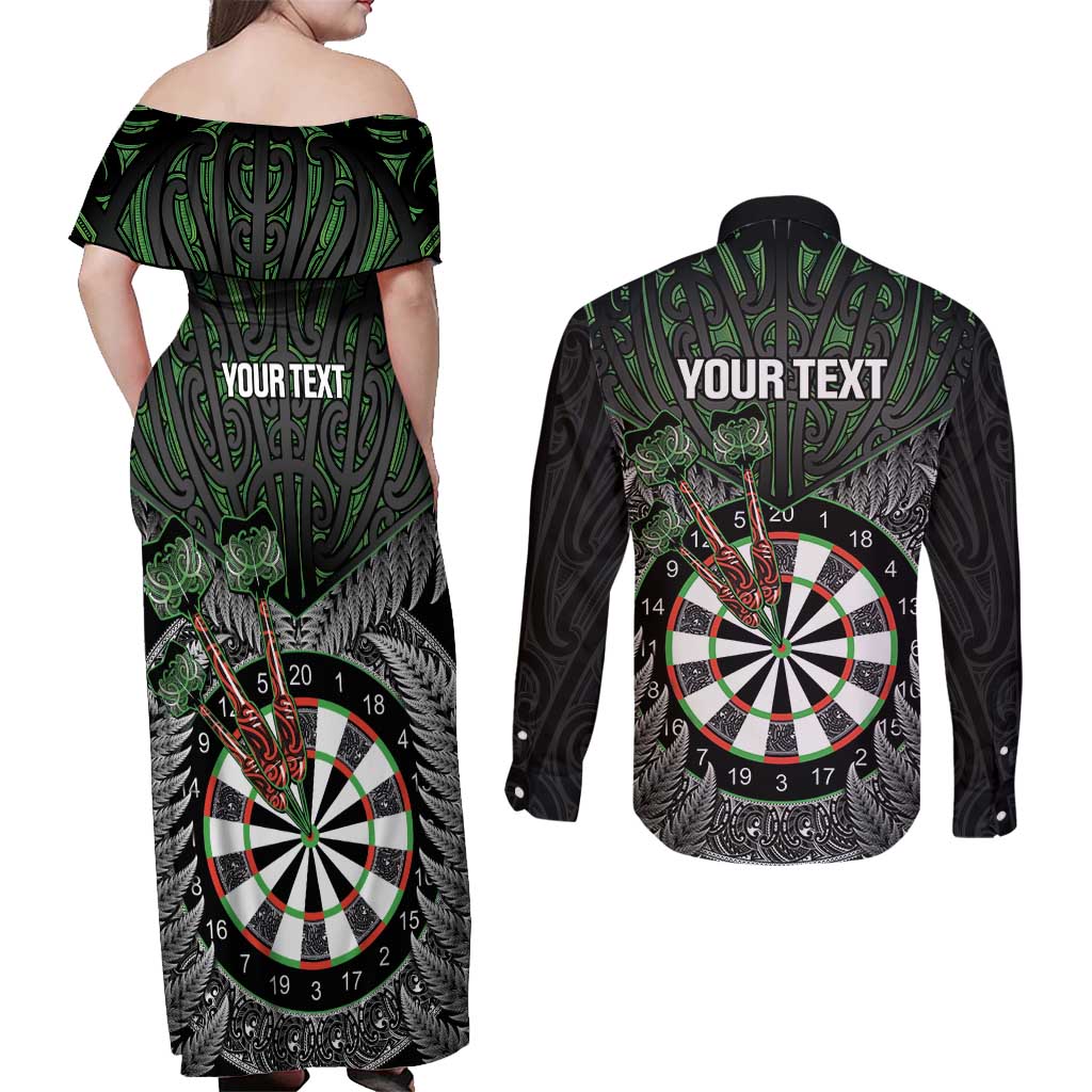 Personalised New Zealand Darts Couples Matching Off Shoulder Maxi Dress and Long Sleeve Button Shirt Dartboard Maori Fern Puhoro Art LT14 - Polynesian Pride