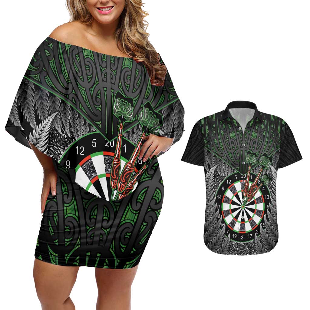 Personalised New Zealand Darts Couples Matching Off Shoulder Short Dress and Hawaiian Shirt Dartboard Maori Fern Puhoro Art LT14 Black - Polynesian Pride