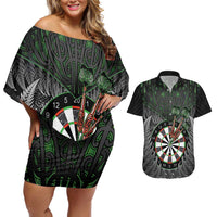Personalised New Zealand Darts Couples Matching Off Shoulder Short Dress and Hawaiian Shirt Dartboard Maori Fern Puhoro Art LT14 Black - Polynesian Pride