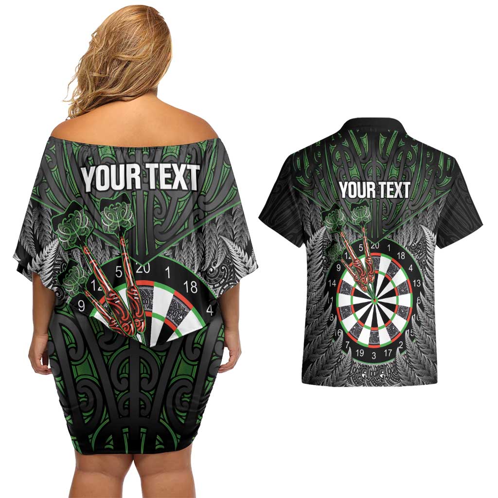 Personalised New Zealand Darts Couples Matching Off Shoulder Short Dress and Hawaiian Shirt Dartboard Maori Fern Puhoro Art LT14 - Polynesian Pride