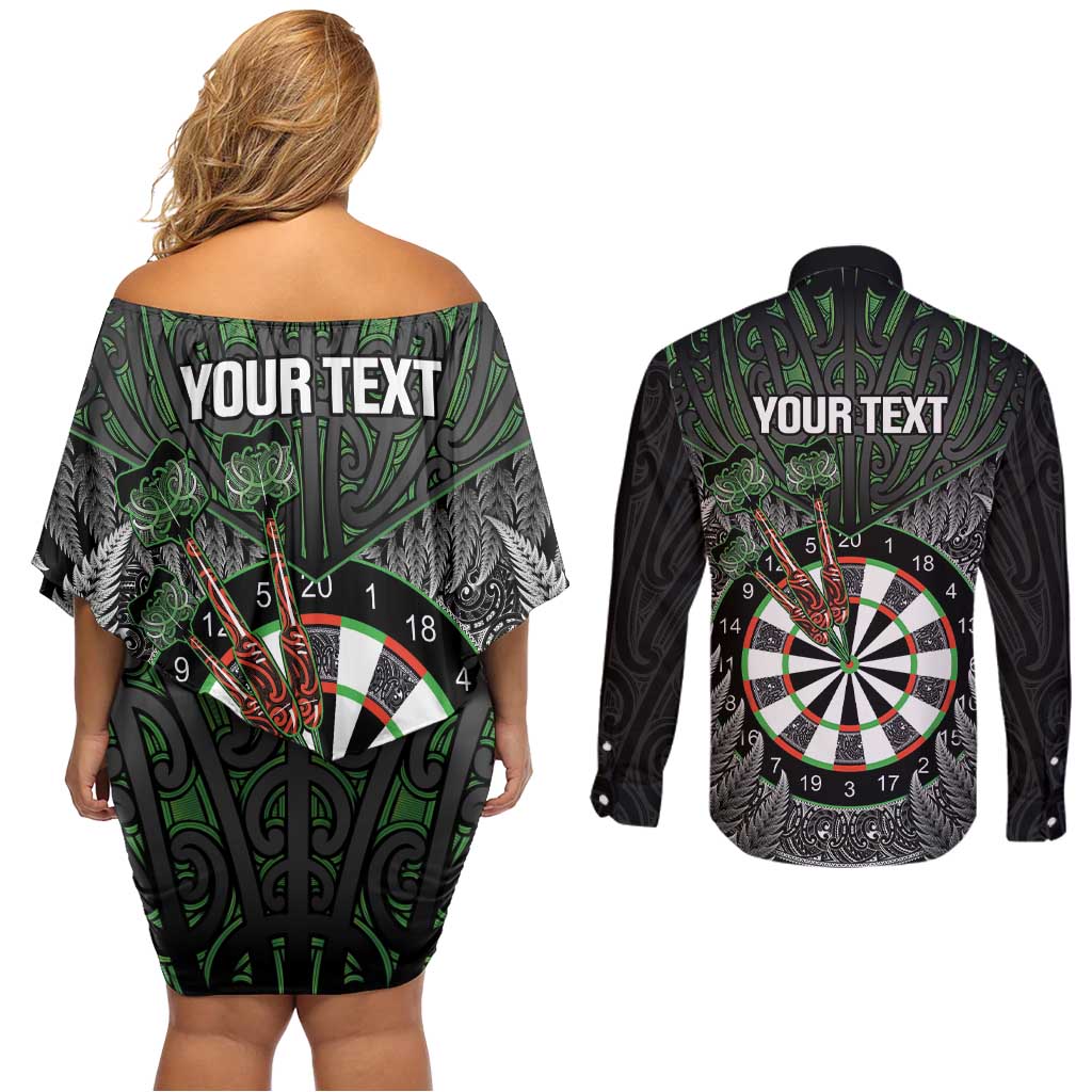 Personalised New Zealand Darts Couples Matching Off Shoulder Short Dress and Long Sleeve Button Shirt Dartboard Maori Fern Puhoro Art LT14 - Polynesian Pride