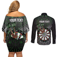 Personalised New Zealand Darts Couples Matching Off Shoulder Short Dress and Long Sleeve Button Shirt Dartboard Maori Fern Puhoro Art LT14 - Polynesian Pride