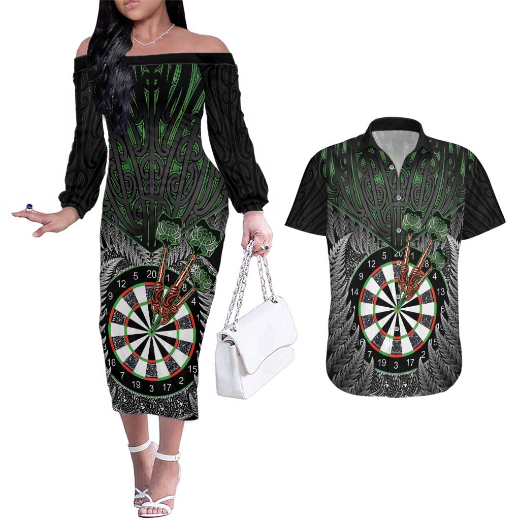 Personalised New Zealand Darts Couples Matching Off The Shoulder Long Sleeve Dress and Hawaiian Shirt Dartboard Maori Fern Puhoro Art LT14 Black - Polynesian Pride
