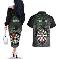 Personalised New Zealand Darts Couples Matching Off The Shoulder Long Sleeve Dress and Hawaiian Shirt Dartboard Maori Fern Puhoro Art LT14 - Polynesian Pride