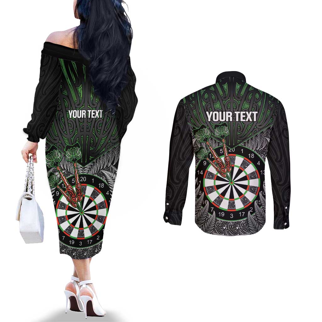 Personalised New Zealand Darts Couples Matching Off The Shoulder Long Sleeve Dress and Long Sleeve Button Shirt Dartboard Maori Fern Puhoro Art LT14 - Polynesian Pride