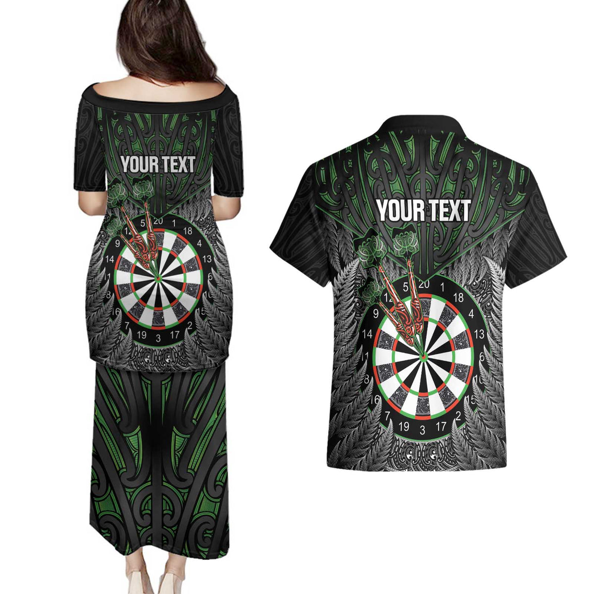 Personalised New Zealand Darts Couples Matching Puletasi and Hawaiian Shirt Dartboard Maori Fern Puhoro Art LT14 - Polynesian Pride