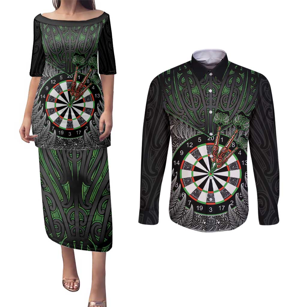 Personalised New Zealand Darts Couples Matching Puletasi and Long Sleeve Button Shirt Dartboard Maori Fern Puhoro Art LT14 Black - Polynesian Pride