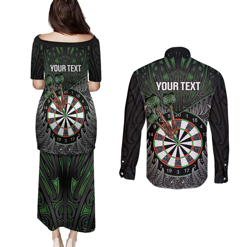 Personalised New Zealand Darts Couples Matching Puletasi and Long Sleeve Button Shirt Dartboard Maori Fern Puhoro Art LT14 - Polynesian Pride