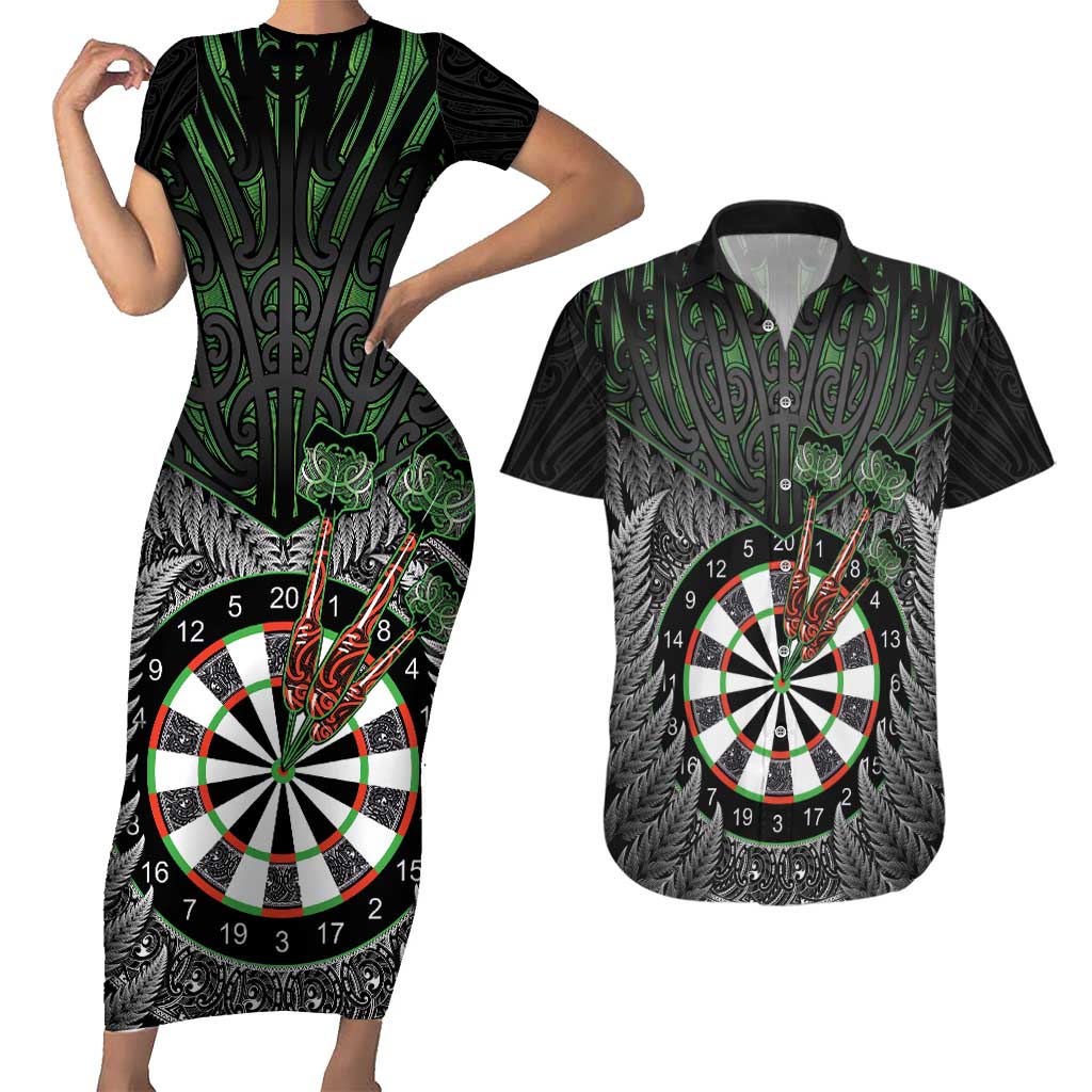 Personalised New Zealand Darts Couples Matching Short Sleeve Bodycon Dress and Hawaiian Shirt Dartboard Maori Fern Puhoro Art LT14 Black - Polynesian Pride