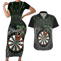 Personalised New Zealand Darts Couples Matching Short Sleeve Bodycon Dress and Hawaiian Shirt Dartboard Maori Fern Puhoro Art LT14 Black - Polynesian Pride