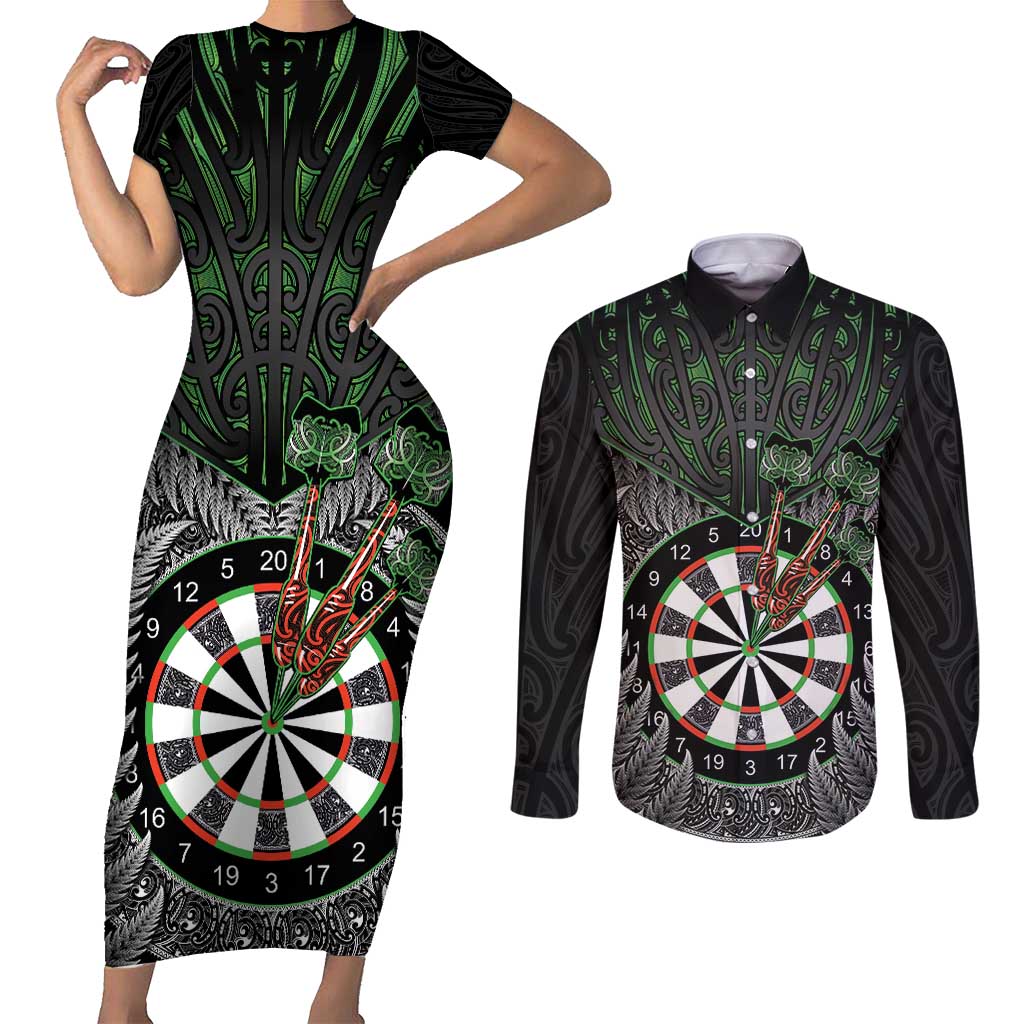 Personalised New Zealand Darts Couples Matching Short Sleeve Bodycon Dress and Long Sleeve Button Shirt Dartboard Maori Fern Puhoro Art LT14 Black - Polynesian Pride