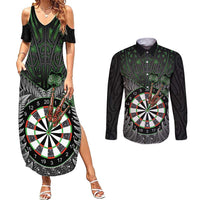 Personalised New Zealand Darts Couples Matching Summer Maxi Dress and Long Sleeve Button Shirt Dartboard Maori Fern Puhoro Art LT14 Black - Polynesian Pride