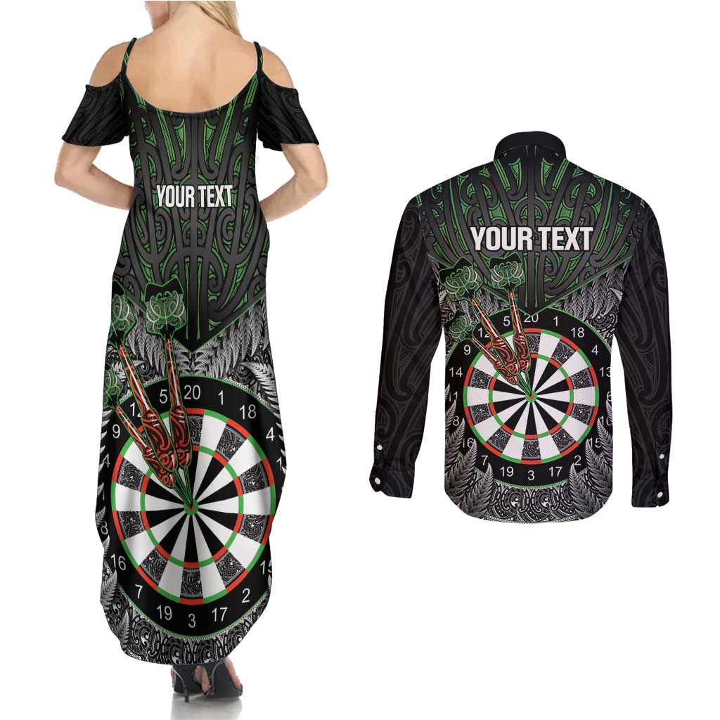 Personalised New Zealand Darts Couples Matching Summer Maxi Dress and Long Sleeve Button Shirt Dartboard Maori Fern Puhoro Art LT14 - Polynesian Pride