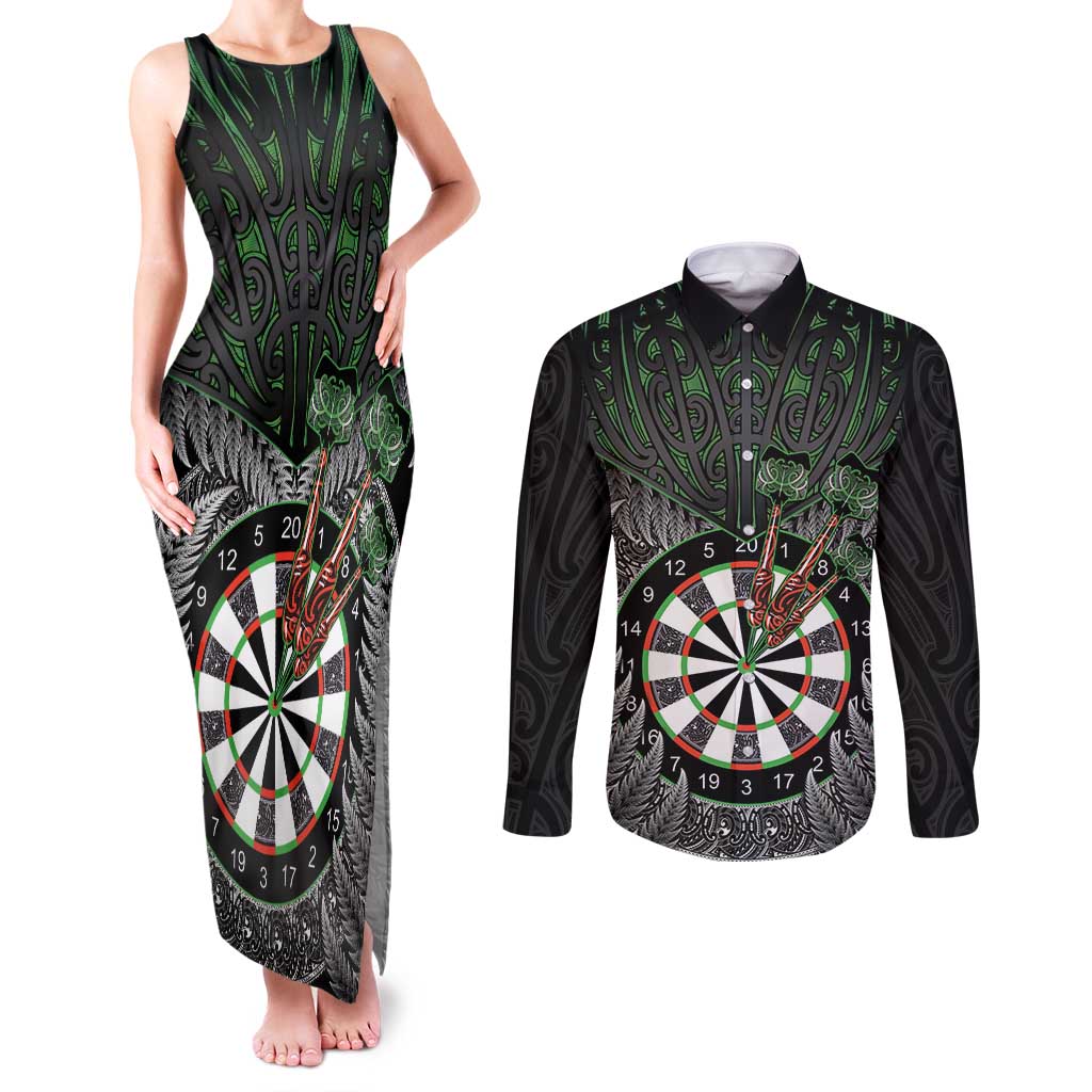 Personalised New Zealand Darts Couples Matching Tank Maxi Dress and Long Sleeve Button Shirt Dartboard Maori Fern Puhoro Art LT14 Black - Polynesian Pride