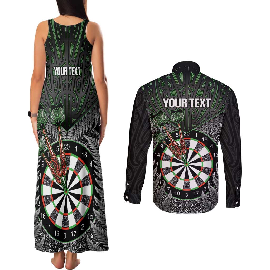 Personalised New Zealand Darts Couples Matching Tank Maxi Dress and Long Sleeve Button Shirt Dartboard Maori Fern Puhoro Art LT14 - Polynesian Pride