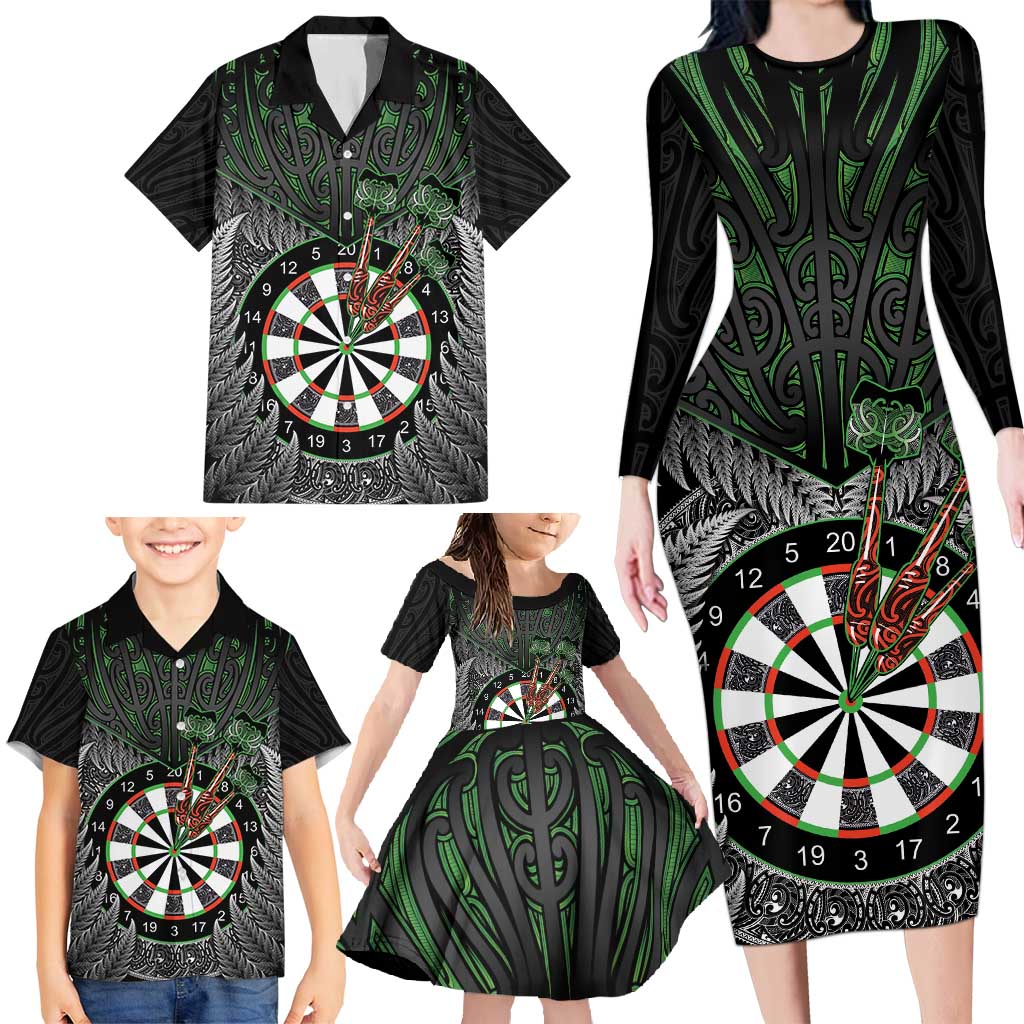 Personalised New Zealand Darts Family Matching Long Sleeve Bodycon Dress and Hawaiian Shirt Dartboard Maori Fern Puhoro Art LT14 - Polynesian Pride