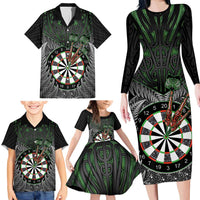 Personalised New Zealand Darts Family Matching Long Sleeve Bodycon Dress and Hawaiian Shirt Dartboard Maori Fern Puhoro Art LT14 - Polynesian Pride